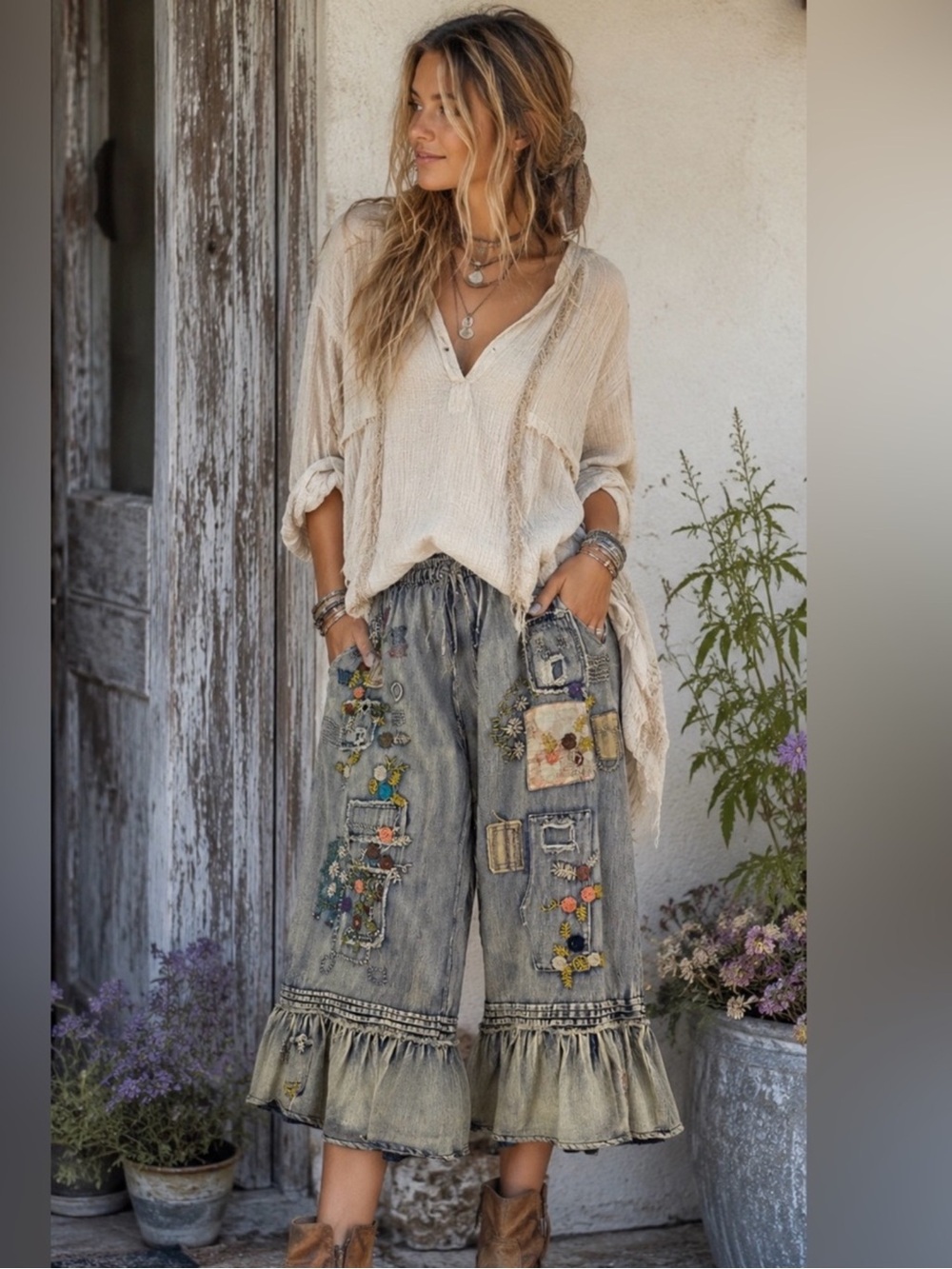 NWT BLue Beige Patchwork Embroidered Wide Leg Crop Jeans Pants Med Wt various Sz